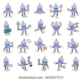 Spray pode personagens de desenhos animados com emoções gestos objetos acessórios profissões ações e comida em estilo de esboço retro groovy