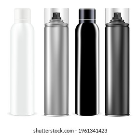 Spray can. Chrome deodorant spray bottle mockup. Aluminium tube for hairspray, mist freshener container, silver vector packaging design. Toilet refresher tin, sprayer template isolated