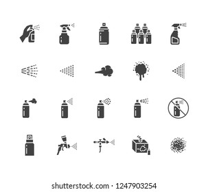 Spray can flat glyph icons set. Hand with aerosol, airbrush, powder coating, graffiti art, cough effect vector illustrations. Signs for disinfection, cleaning. Solid silhouette pixel perfect 64x64.