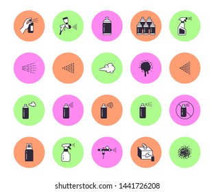 Spray can flat line icons set. Hand with aerosol bottle, airbrush, powder coating, graffiti art, cough effect vector illustrations. Thin signs for disinfection, cleaning.