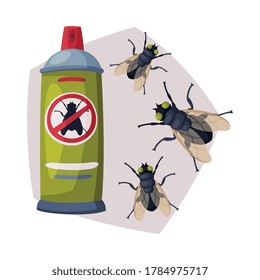 Lámina de aerosol de insecticida de vuelo, servicio de control de plagas, detección y extinción de vectores de insectos Ilustración en fondo blanco