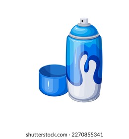 Spray can of graffiti paint vector illustration. Cartoon isolated blue cylinder bottle with aerosol paint to draw on urban wall, pot with open cap, equipment of creator and artist for street art