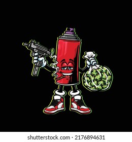 spray can graffiti vector hold gun, weed nug bag and smoking blunt cannabis bud flower marijuana and happy face