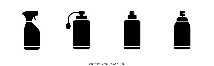 Spray can icons set. Spray bottle icon in glyph. Cleaning aerosol bottle. Spray can icons set in glyph. Black cleaner bottle set. Stock vector illustration