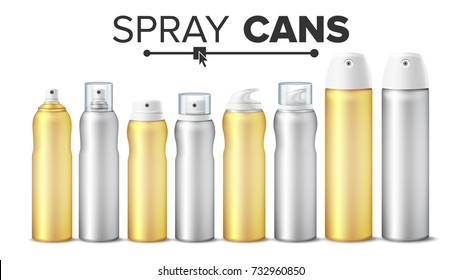 Spray Can Set Vector. Realistic White Cosmetics Bottles Blank Can Spray, Deodorant, Air Freshener. With Lid And Without. 3D Packaging. Mock Up. Isolated Illustration