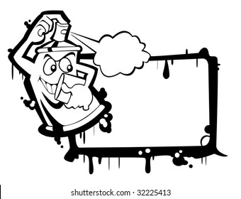 A spray can with a smiling face paints a writable frame. Black and white. Cartoon style.