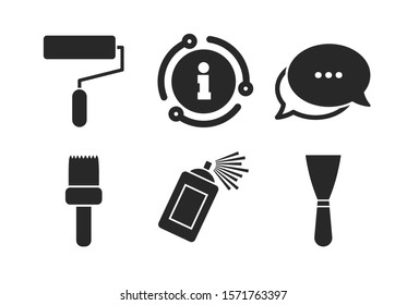 Spray can and Spatula signs. Chat, info sign. Paint roller, brush icons. Wall repair tool and painting symbol. Classic style speech bubble icon. Vector