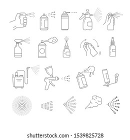 Spray cans isolated flat line icons vector. Hand with aerosol, airbrush and graffiti art, automizer and construction foam, medical means container. Disinfection and cleaning, building and washing