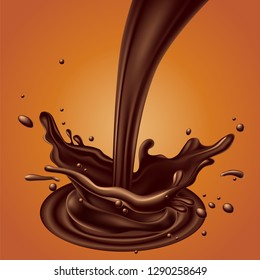 Spray of chocolate and splash effect on yellow background.