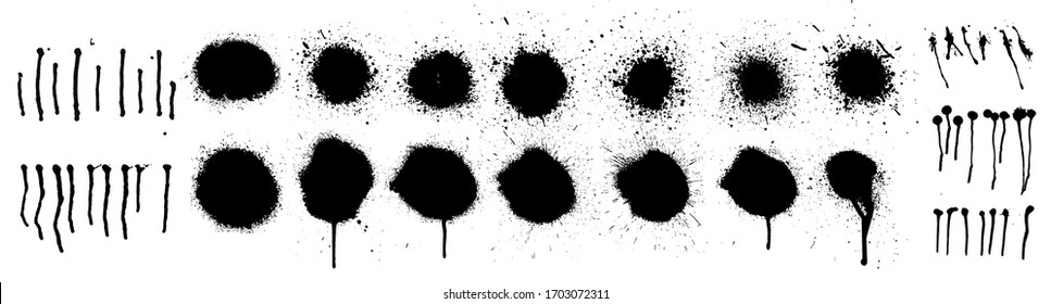 Spray circle texture, graffiti stencil set. Lines and drips black ink splatters, Ink blots set, street art style. Isolated collection with high level tracing. Vector spray collection