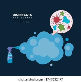 Spray clean bottle and smoke with covid 19 virus design, Disinfects clean antibacterial and hygiene theme Vector illustration