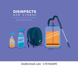 Botellas limpias de pulverización y diseño de bolsas, Desinfecta el tema antibacteriano limpio y de higiene Icono de vectores