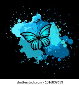 Spray of colors, blue butterfly on a black background, abstraction