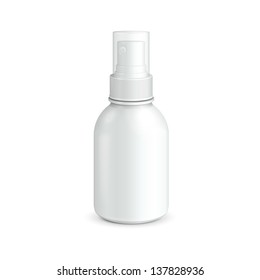 Spray Cosmetic Parfume, Deodorant, Freshener Or Medical Antiseptic Drugs Plastic Bottle White. Ready For Your Design. Product Packing Vector EPS10