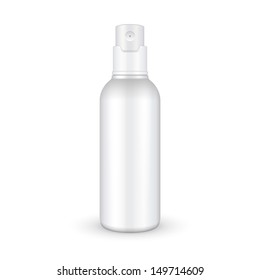 Spray Cosmetic Parfume, Deodorant, Freshener Or Medical Antiseptic Drugs Plastic Bottle White. Ready For Your Design. Product Packing Vector EPS10 