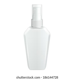 Spray Cosmetic Parfume, Deodorant, Freshener Or Medical Antiseptic Drugs Square Plastic Bottle White.
