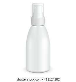 Spray Cosmetic Perfume, Deodorant, Freshener Or Medical Antiseptic Drugs Plastic Bottle White. Illustration Isolated On White Background. Ready For Your Design. Product Packing Vector EPS10