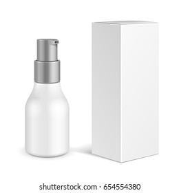 Spray Cosmetic Perfume, Deodorant, Freshener Or Medical Antiseptic Drugs Plastic Bottle With Box. Illustration Isolated On White Background. Ready For Your Design. Product Packing. Vector EPS10EPS10