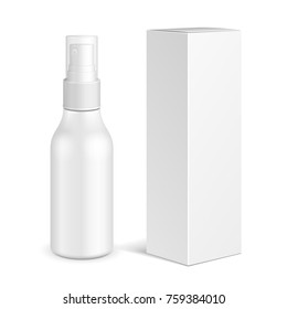 Spray Cosmetic Perfume, Deodorant, Freshener Or Medical Antiseptic Drugs Plastic Bottle With Box. Mock Up Ready For Your Design. Illustration Isolated On White Background. Vector EPS10 