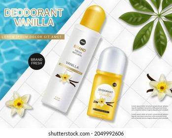 Spray And Deodorant Cosmetics Vector Realistic. Product Placement Vanilla Scent. Pool Background Detailed Illustration