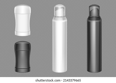 Spray and deodorant stick packaging mockup. Vector realistic set of 3d blank white and black containers of dry antiperspirant and aerosol bottles with clear caps