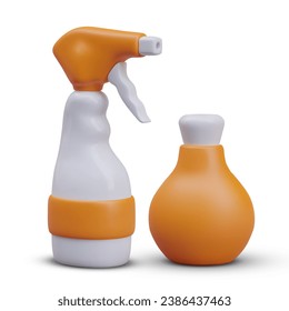 Spray detergent and bottle with cosmetic product with orange elements. Concept of Clean surface and home. Vector illustration in 3d realistic style with white background