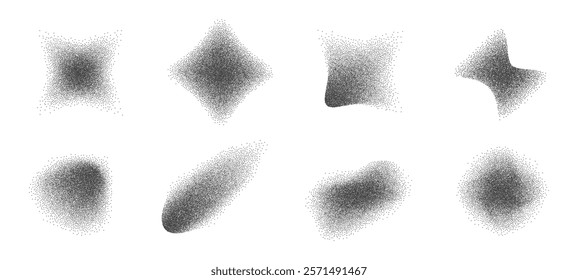 Spray Dot Grain Stippled Dotted Noise Elements Collection. Dirty Dust Sand Splattered Vector. Grunge Sprinkle Dotwork Texture Gradient Stain Shapes. Splash of Black Dots y2k Design Spots Collection