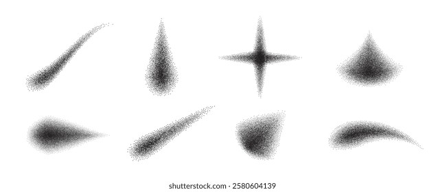 Spray Dot Grain Stippled Dotted Noise Elements Collection. Dirty Dust Sand Splattered Vector. Grunge Sprinkle Dotwork Texture Gradient Stain Star Shapes. Splash of Black Dots y2k Design Spots Bundle