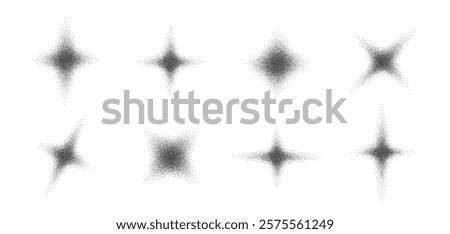 Spray Dot Grain Stippled Dotted Noise Elements Collection. Dirty Dust Sand Splattered Vector. Grunge Sprinkle Dotwork Texture Gradient Stain Star Shapes. Splash of Black Dots y2k Design Spots Bundle
