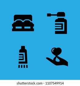 spray, double bed, cream and hand holding a heart icons vector in sample icon set for web and graphic design