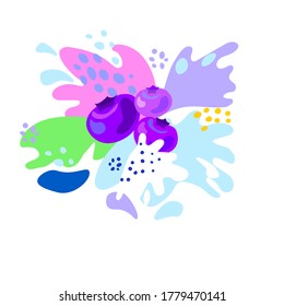 Spray and drop, the movement of the liquid, blueberries, splash of juice and yogurt, drops and stains. Abstract vector illustrations