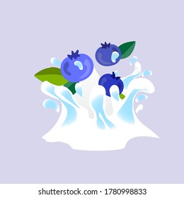 Spray and drop, el movimiento del líquido, arándanos, salpicaduras de jugo y yogur, gotas y manchas. Ilustraciones abstractas de vectores