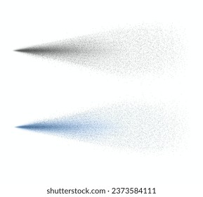 Spray effect, blue smoke, dust particles stream, air freshener set isolated on white background. Vector fountain, water mist atomizer, shower splash pattern or powder splatter texture
