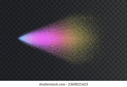 Spray effect, colorful dust stream, soap water mist atomizer isolated on transparent background. Vector 3d rainbow paint particles motion, Holi spatter texture element