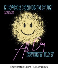 Spray Effect Funny Face Vector Street Art Illustration. Happy Mood Fashion Illustration. 90's Slogan T Shirt Print Design.