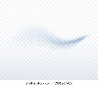 Spray effect isolated on transparent background. Blue water spray wave, air freshener, shower template. Vector mist or fog particles stream. 