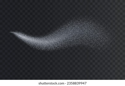 Spray effect, white smoke, dust particles stream, water mist atomizer, air freshener isolated on transparent background. Vector 3d magic snowflake wave, storm wind, blizzard, snowstorm element
