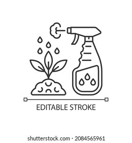 Spray fertilizer linear icon. Liquid substance for plant leaves. Foliar supplement. Thin line customizable illustration. Contour symbol. Vector isolated outline drawing. Editable stroke