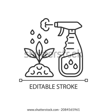 Spray fertilizer linear icon. Liquid substance for plant leaves. Foliar supplement. Thin line customizable illustration. Contour symbol. Vector isolated outline drawing. Editable stroke Foto stock © 