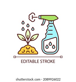 Spray fertilizer RGB color icon. Liquid substance for plant leaves. Foliar supplement. Pesticide spraying. Nourish additive. Isolated vector illustration. Simple filled line drawing. Editable stroke