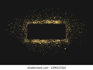 Spray gold ink dot frame. Grunge golden graffiti background. Airbrush glitter banner with paint drip. Vector isolated illustration. 