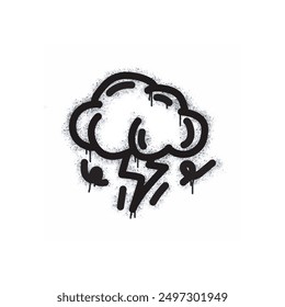 Spray graffiti clouds and lightning bolts painted in black on white.