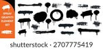 Spray graffiti element set, can splatter brush drip freehand kit, vector urban street black grunge. Cool hand writing stain splash, dirty messy airy ink stroke and circles. Spray graffiti  Big Set Des
