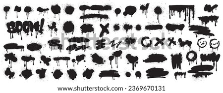 Spray graffiti element set, can splatter brush drip freehand kit, vector urban street black grunge. Cool hand writing stain splash, dirty messy airy ink stroke and circles. Spray graffiti dark splash