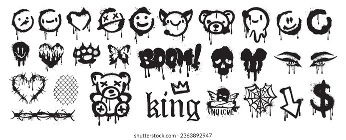 Spray graffiti element vector set, can splatter brush drip smiling kit, urban street black grunge. Hand writing stain splash, heart silhouette airy ink stroke and circles. Spray graffiti dark clipart