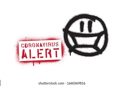 Spray graffiti emoticon wearing surgical mask and stencil inscription CORONAVIRUS ALERT. A warning message against spreading disease.