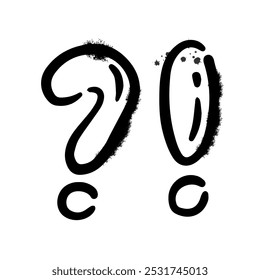Rocíe signos de exclamación y de pregunta de graffiti. Elemento de la textura, aislado en el fondo blanco. Ilustración vectorial