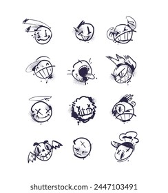 Spray graffiti faces. Spraying emoticon angry happy face, grunge paint emoji icons street art subculture graffiti circle smile character splatter brush, vector illustration of graffiti emoticon grunge