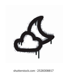Icono de la nube de la luna del graffiti aislado en el fondo blanco. icono de la nube de la luna del graffiti con el overspray en negro sobre blanco. Ilustración vectorial.