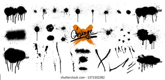 Spray graffiti stencil template. Isolated collection, great elaboration. Black splashes isolated on transparent background.  Paint splats blotches. Round grunge design elements. Spray graffiti set